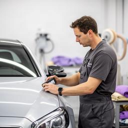 James inspecting paint depth on a silver German coupe in the detailing studio