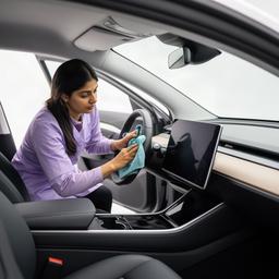 Priya cleaning an electric vehicle interior with protected screens and trim in a bright studio