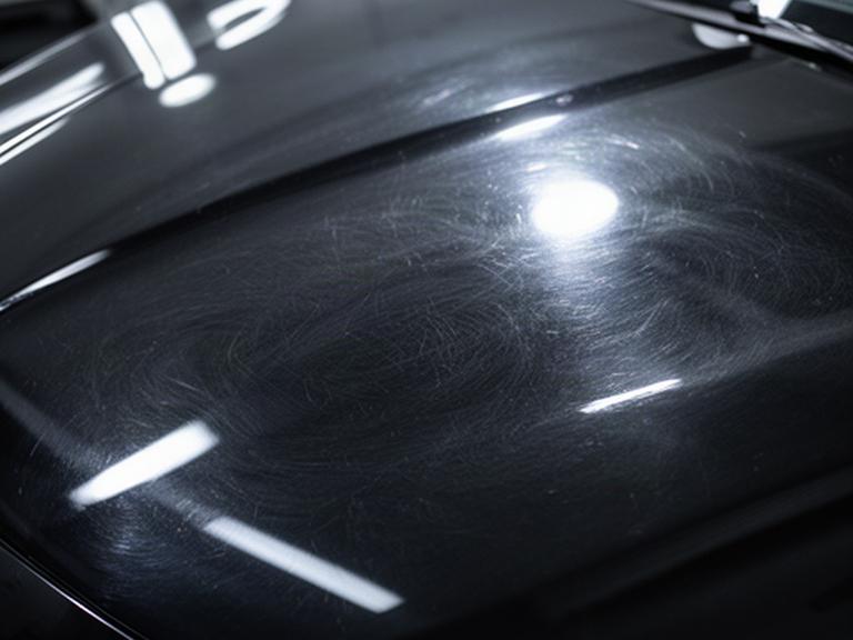 Dark car bonnet showing circular wash swirls under bright inspection lights