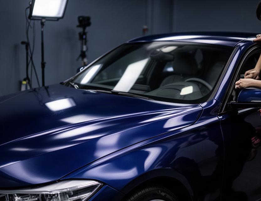 Midnight blue BMW M3 under inspection lights after multi-stage swirl mark correction