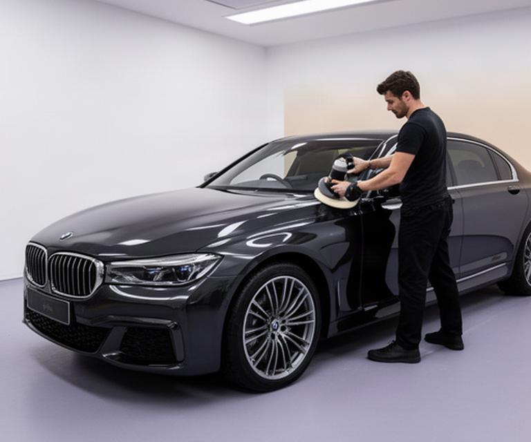 Detailer polishing a dark luxury car inside a clean Ealing studio
