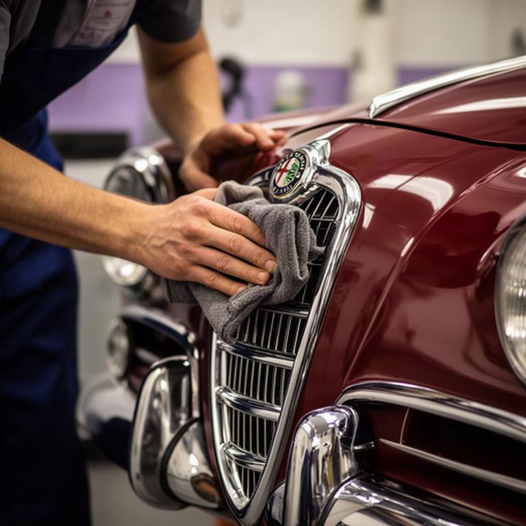 Hand polishing the chrome grille of a vintage Alfa Romeo in a quiet West London detailing studio