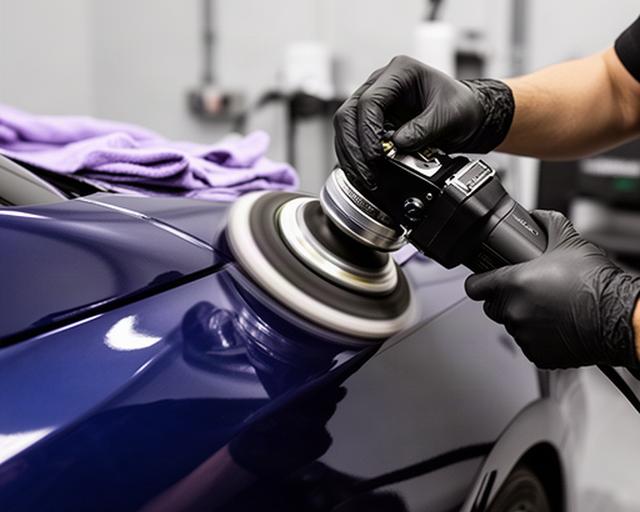 Close view of a machine polisher refining dark blue car paint in West London
