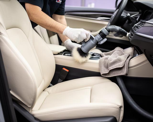 Detailer cleaning a cream leather car seat with specialist tools in Ealing