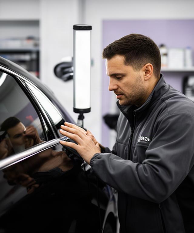 Lead vehicle detailer inspecting black paintwork beside specialist lighting in a clean London detailing bay