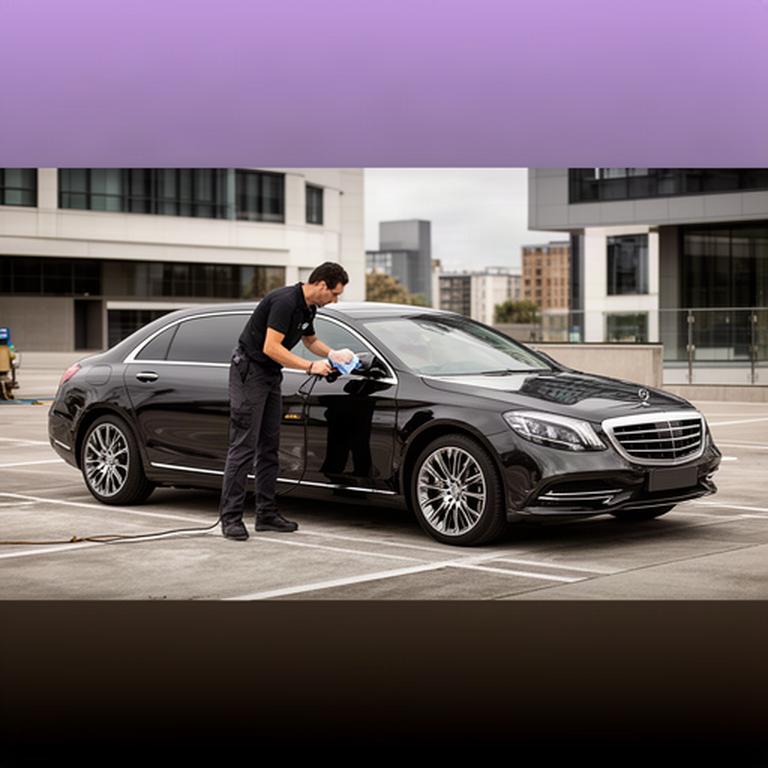 Detailer cleaning a dark executive car beside an office car park in Greater London