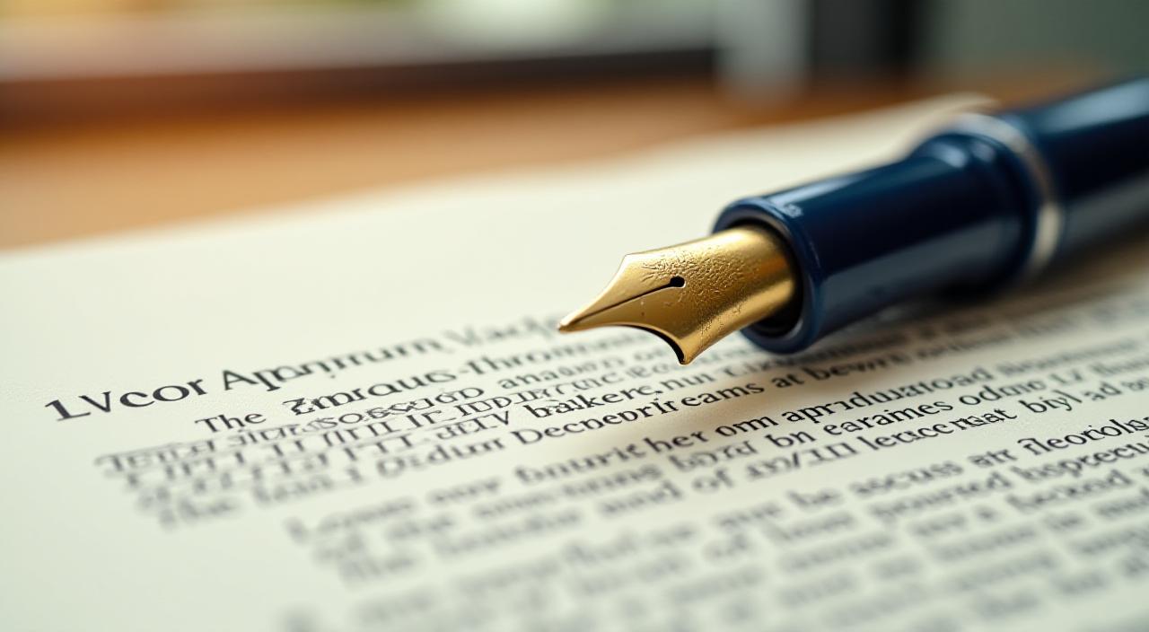 Close-up of a professional fountain pen resting on a signed legal document, focused on the non-disclosure clause.