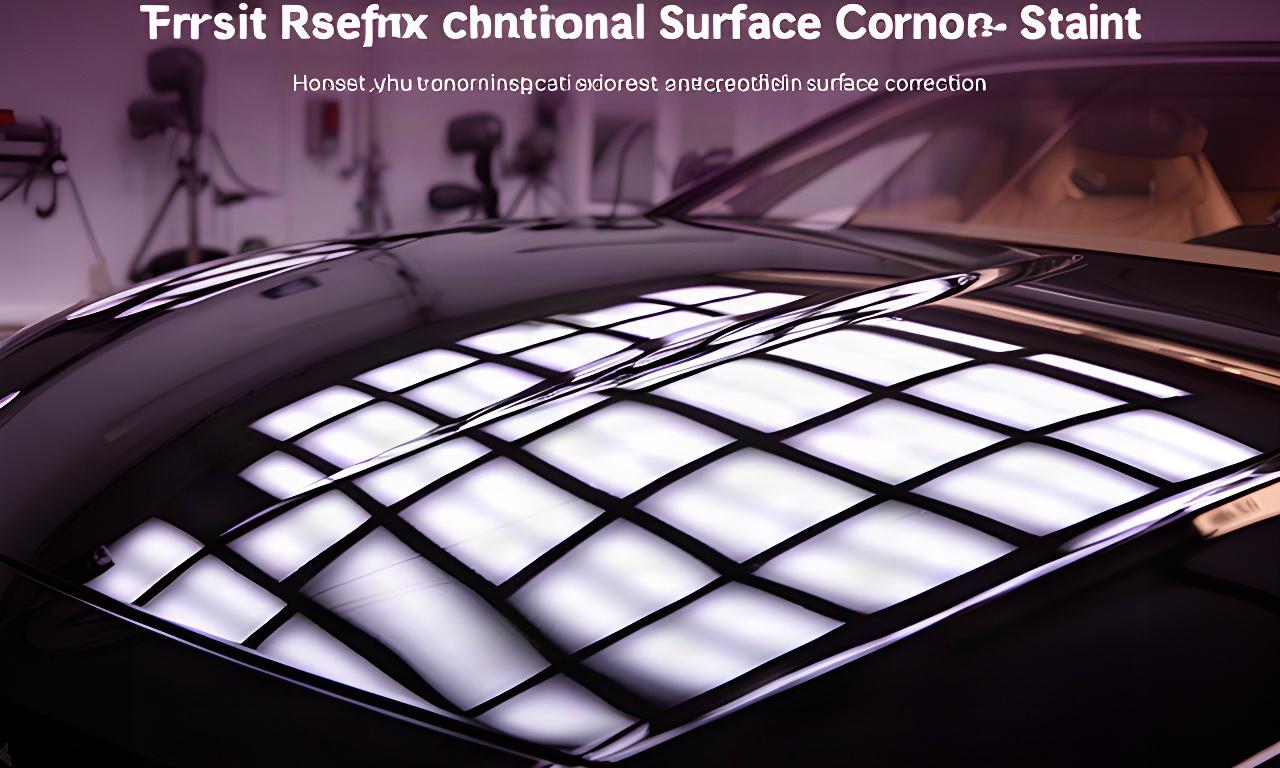 Gloss-black performance car bonnet reflecting a precise grid of inspection lights in a detailing studio