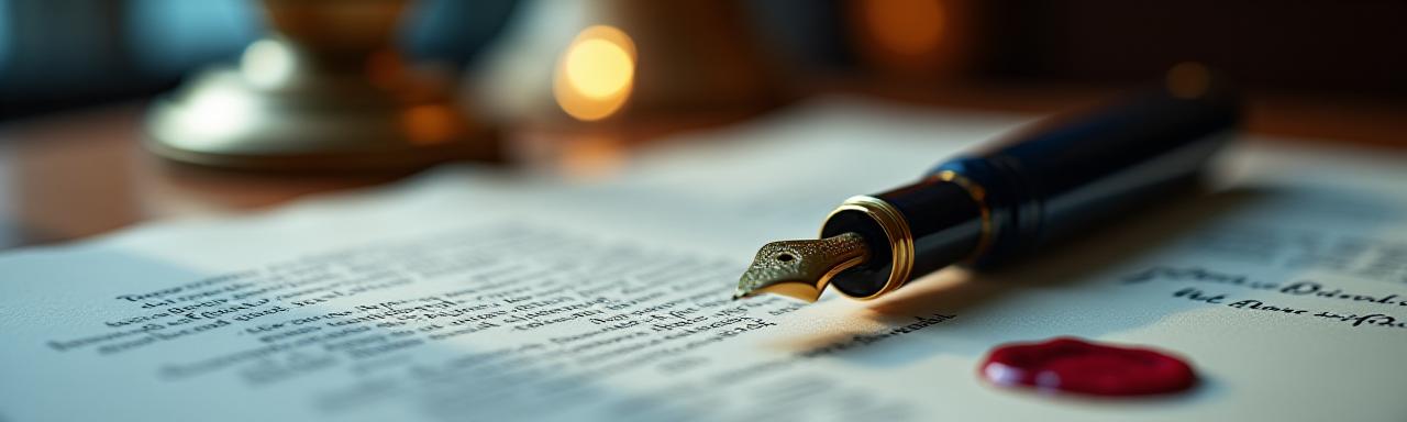 Close up of a legal fountain pen resting on a signed document with a wax seal