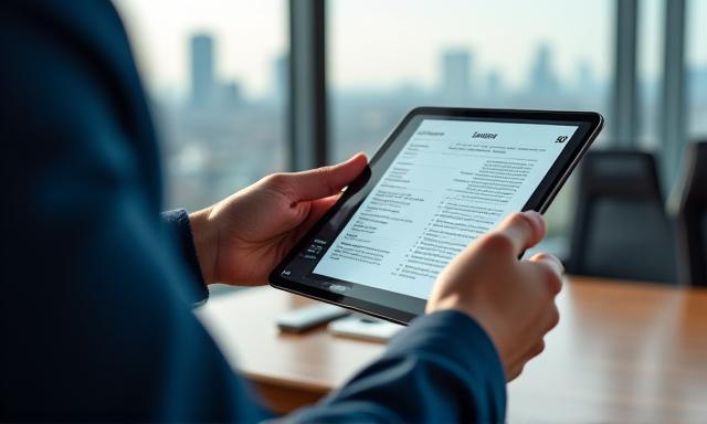 Professional reading a digital contract in a modern city office