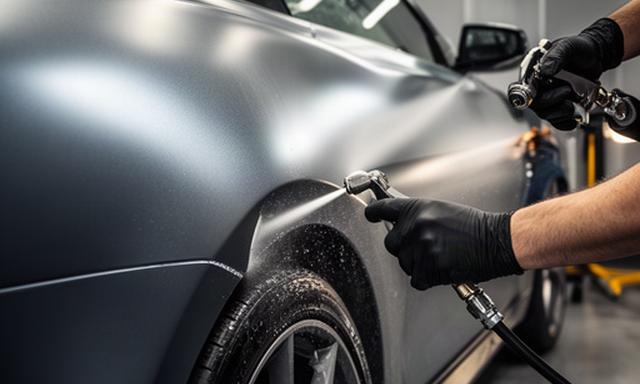 Technician cleaning the edge of a satin vinyl-wrapped performance car with a low-pressure wash method